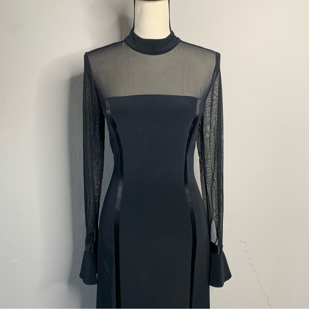 Oleg Cassini Black Sheer Mesh Long Sleeve High Split Maxi Formal Maxi Gown - Picture 7 of 16